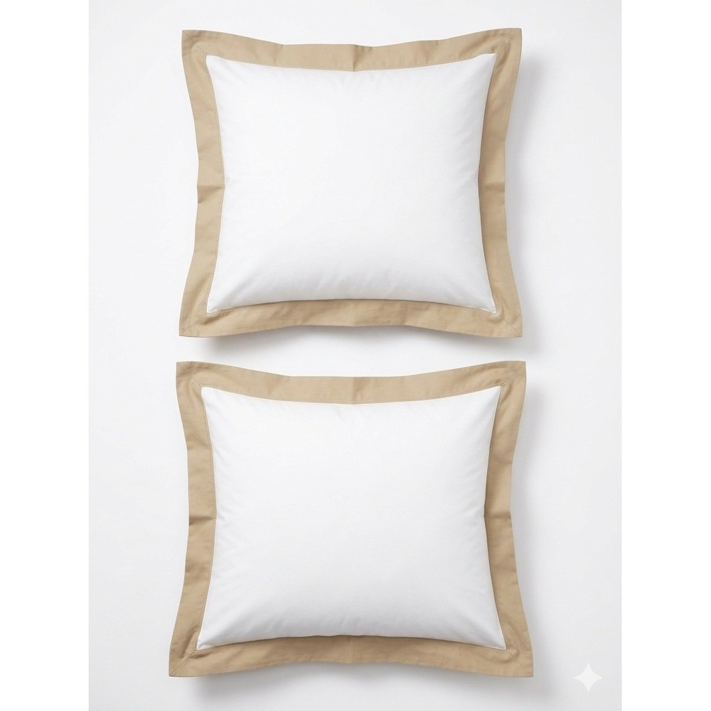 Hamburg House Egyptian Cotton Sateen Euro Pillow Shams Cream Tan Border Set 2